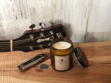 Load image into Gallery viewer, Acoustic Soy Candle | 8oz Amber Glass Jar with Black Lid