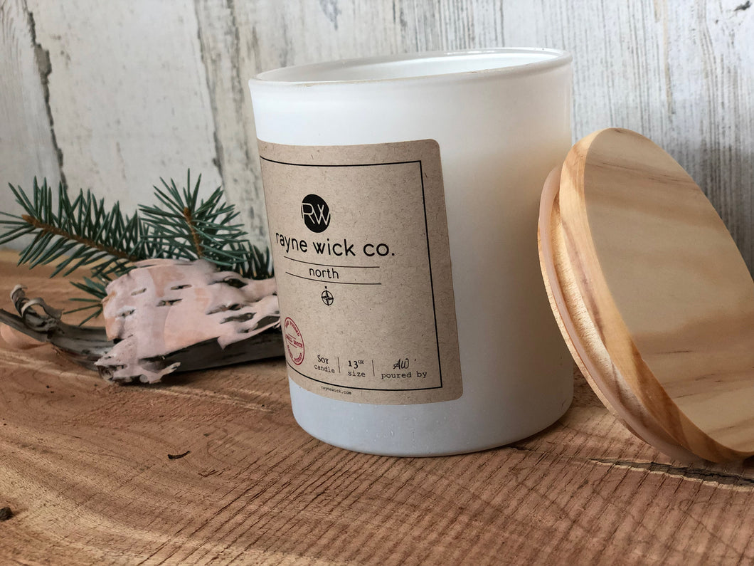 North Soy Wax Candle | 13oz Matte White Glass Jar with Wooden Lid