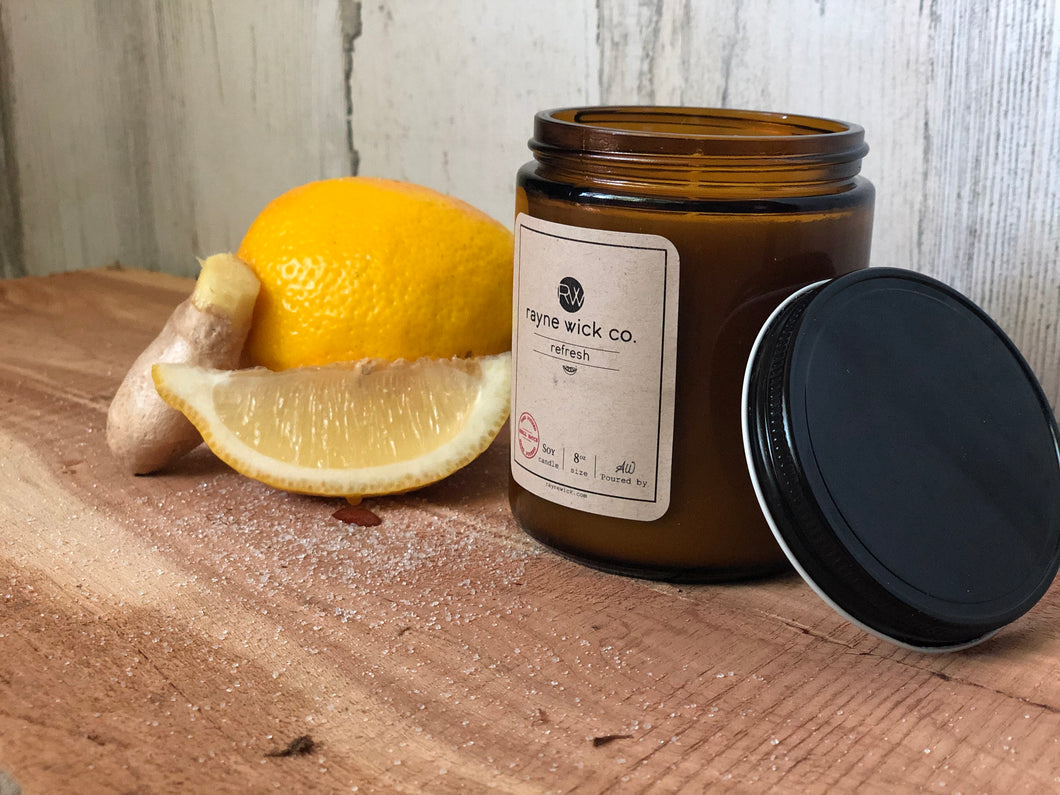 Refresh Soy Wax Candle | 8oz Amber Glass Jar with Black Metal Lid