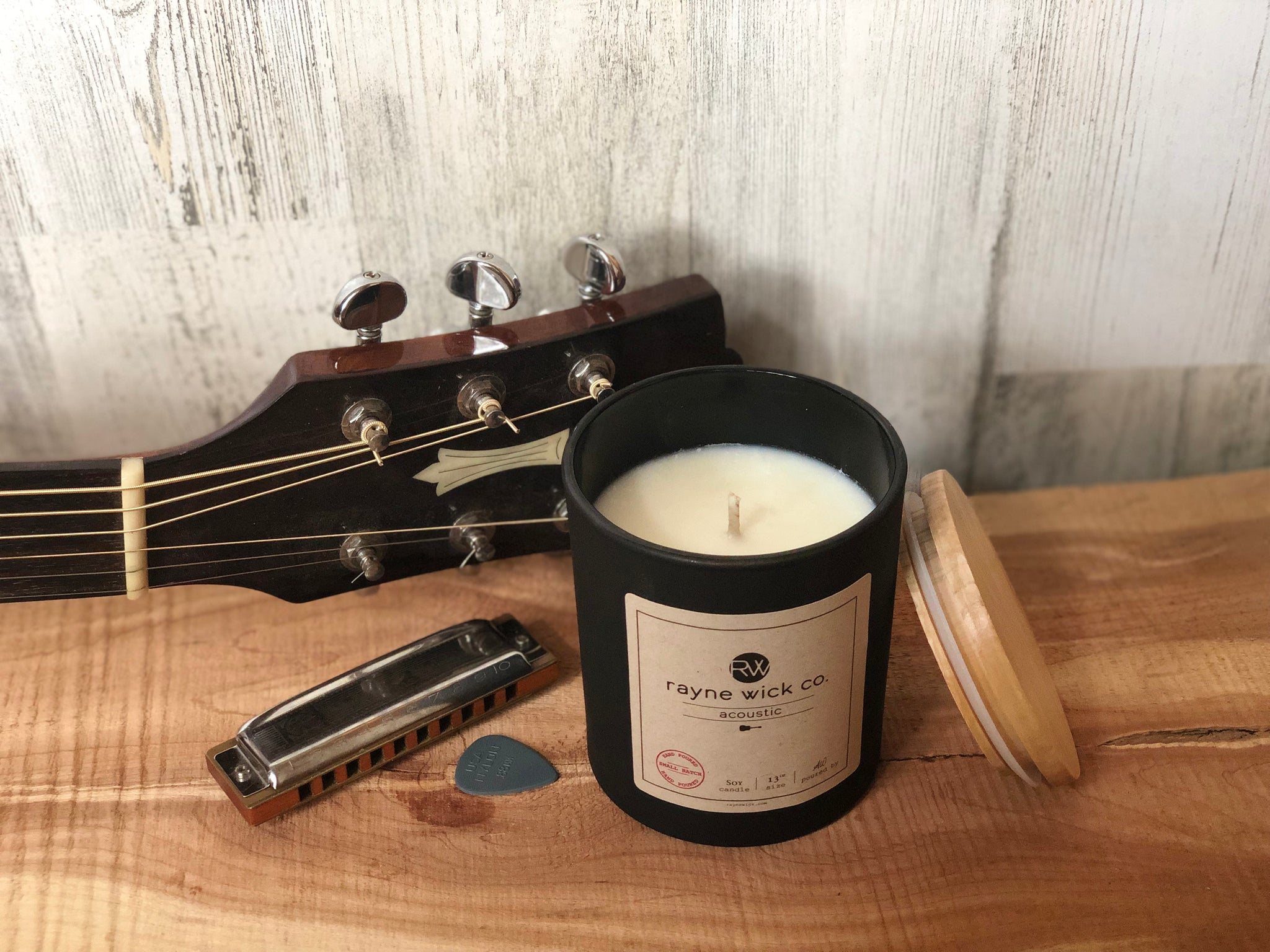 Acoustic Soy Wax Candle  13oz Matte Black Glass Jar with Wooden