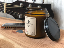 Load image into Gallery viewer, Acoustic Soy Candle | 8oz Amber Glass Jar with Black Lid
