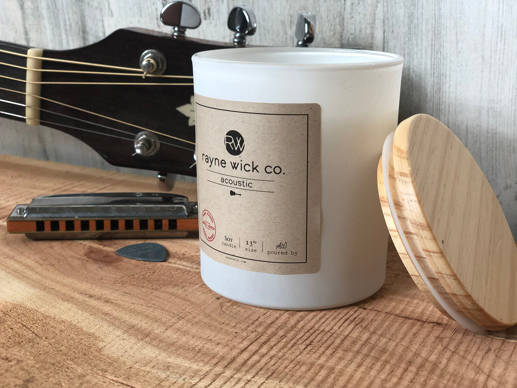 Acoustic Soy Wax Candle | 13oz Matte White Glass Jar with Wooden Lid