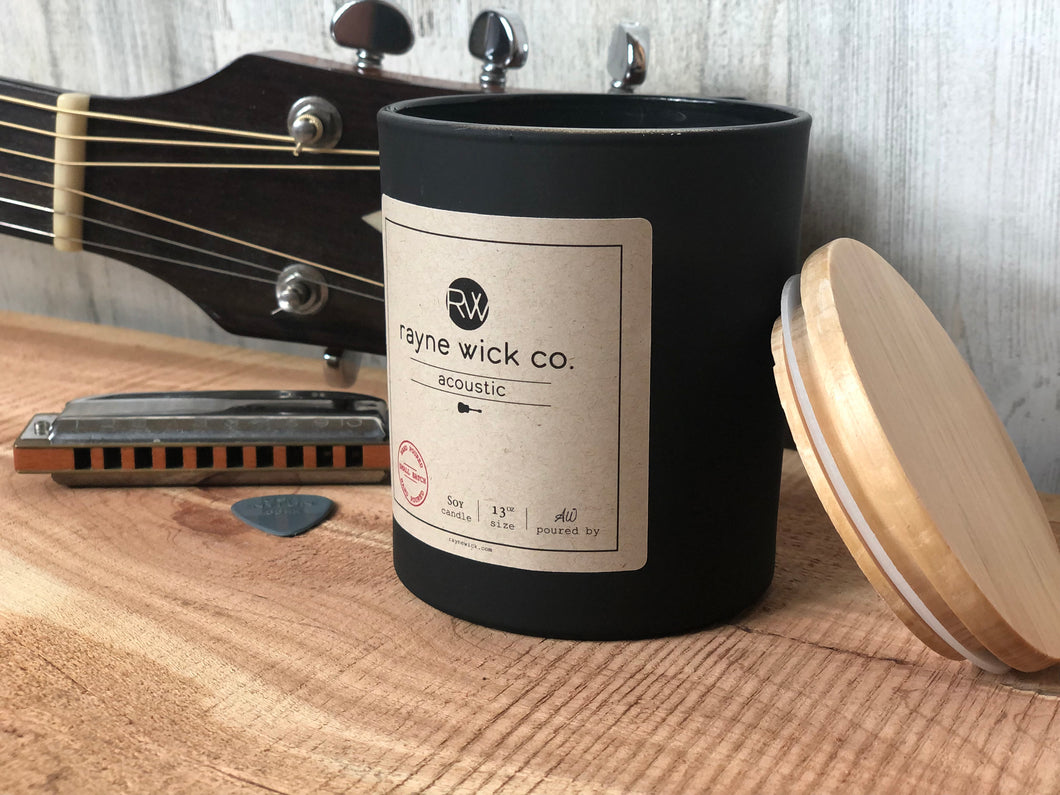 Acoustic Soy Wax Candle | 13oz Matte Black Glass Jar with Wooden Lid