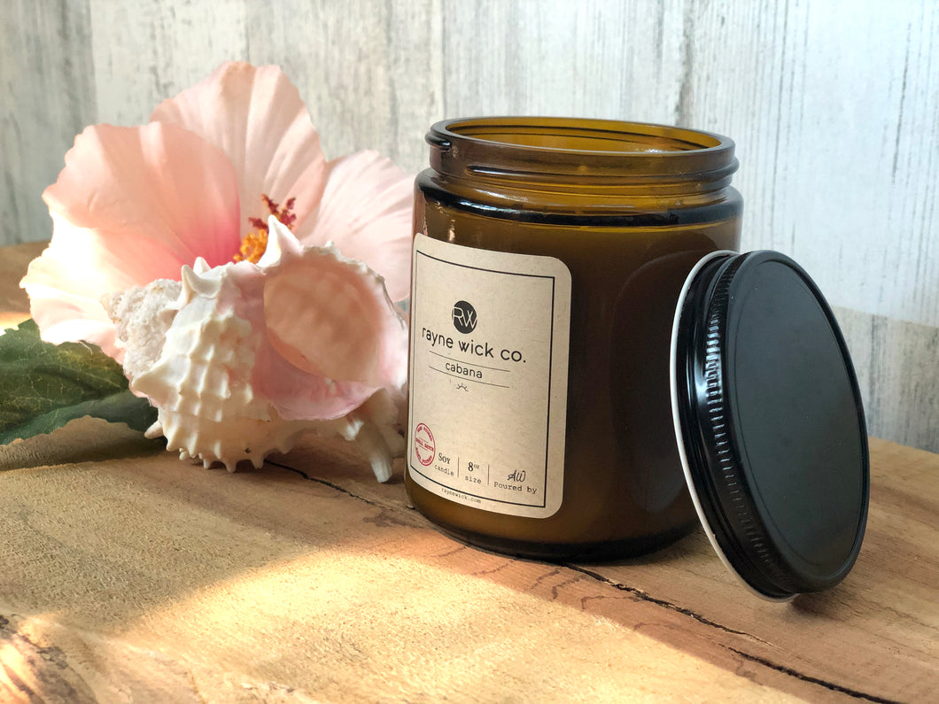 Cabana Soy Wax Candle | 8oz Amber Glass Jar with Black Metal Lid