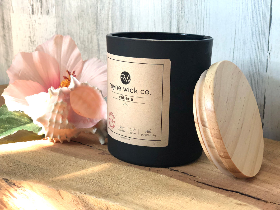 Cabana Soy Candle | 13oz Matte Black Glass Jar with Wooden Lid