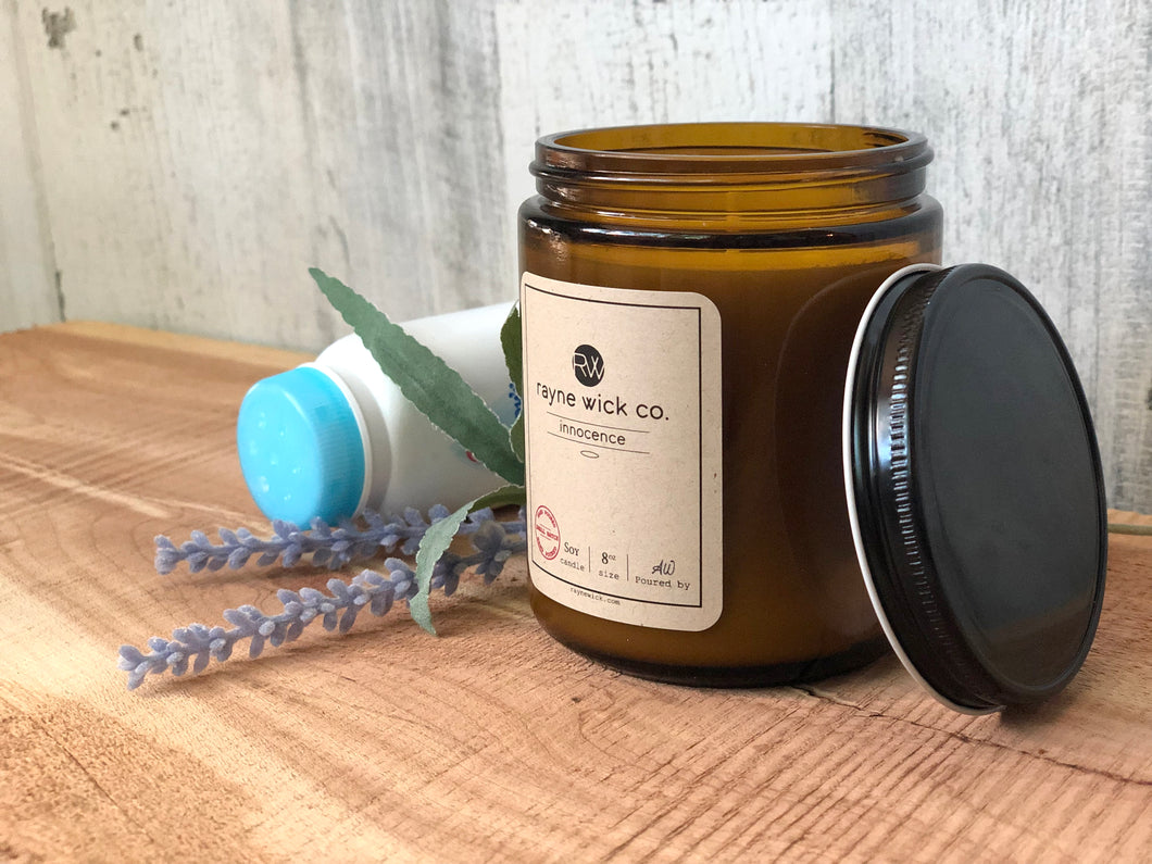 Innocence Soy Candle | 8oz Amber Glass Jar with Black Lid