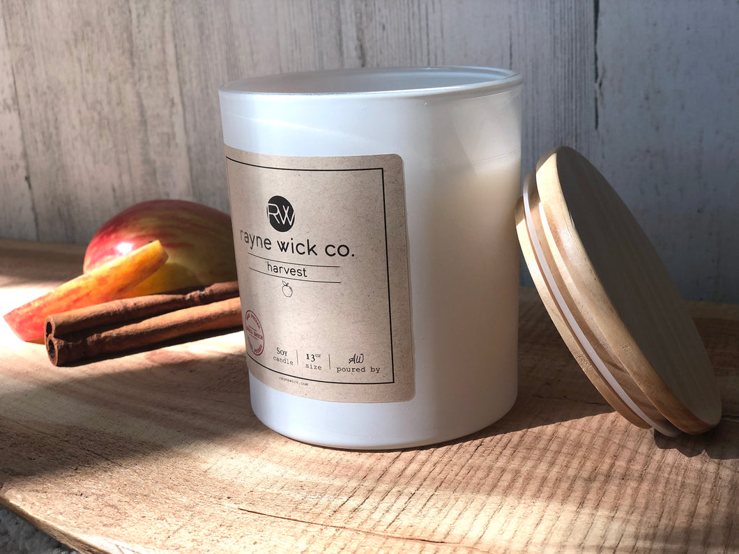 Harvest Soy Wax Candle | 13oz Matte White Glass Jar with Wooden Lid