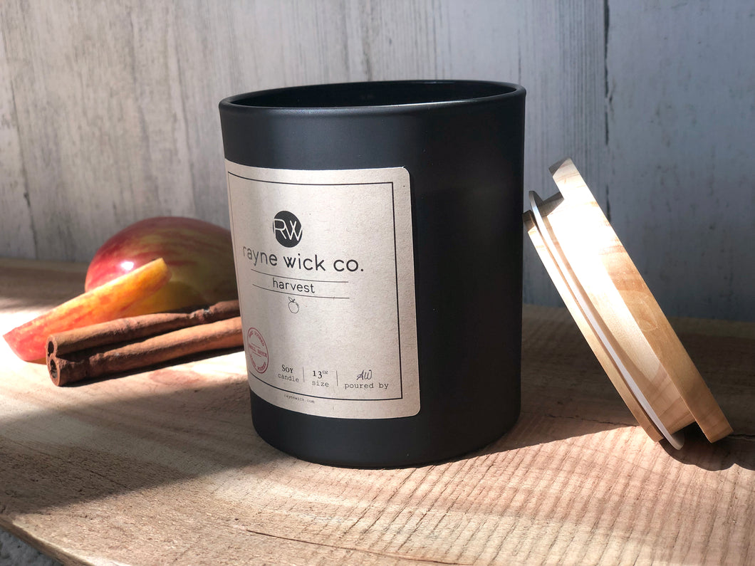 Harvest Soy Wax Candle | 13oz Matte Black Glass Jar with Wooden Lid