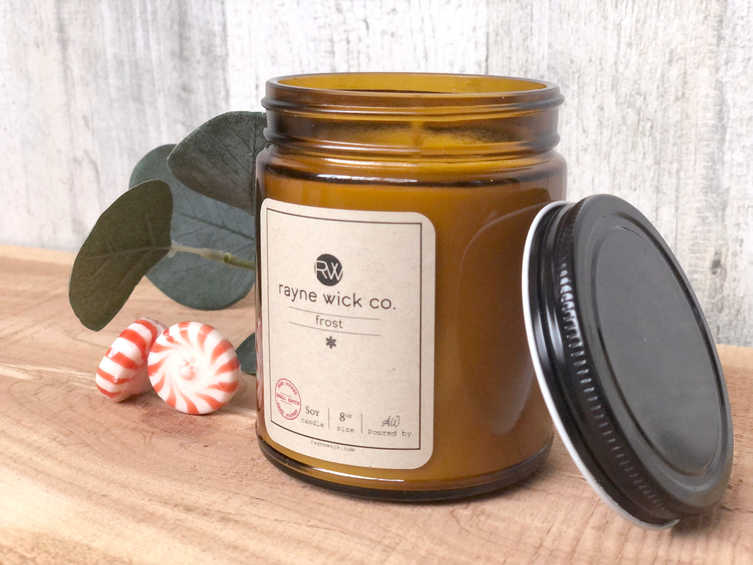 Frost Soy Candle | 8oz Amber Glass Jar with Black Lid