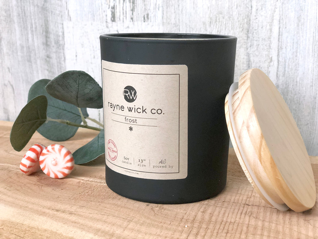 Frost Soy Wax Candle | 13oz Matte Black Glass Jar with Wooden Lid