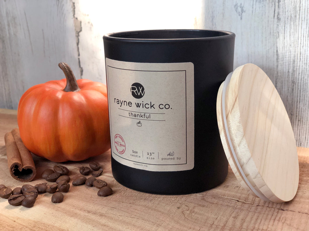 Thankful Soy Wax Candle | 13oz Matte Black Glass Jar with Wooden Lid