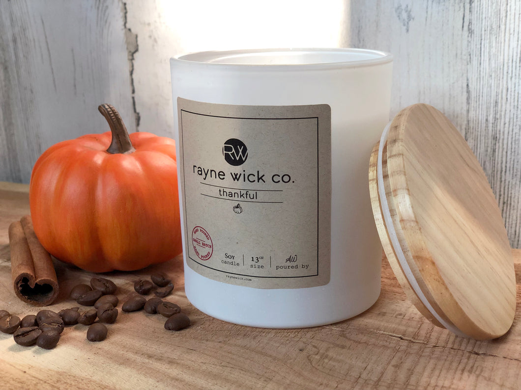 Thankful Soy Wax Candle | 13oz Matte White Glass Jar with Wooden Lid